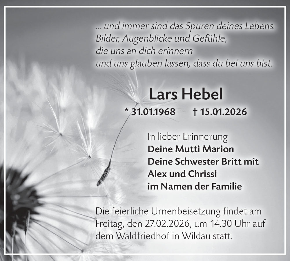  Traueranzeige für Lars Hebel vom 07.02.2026 aus Blickpunkt Königs Wusterhausen