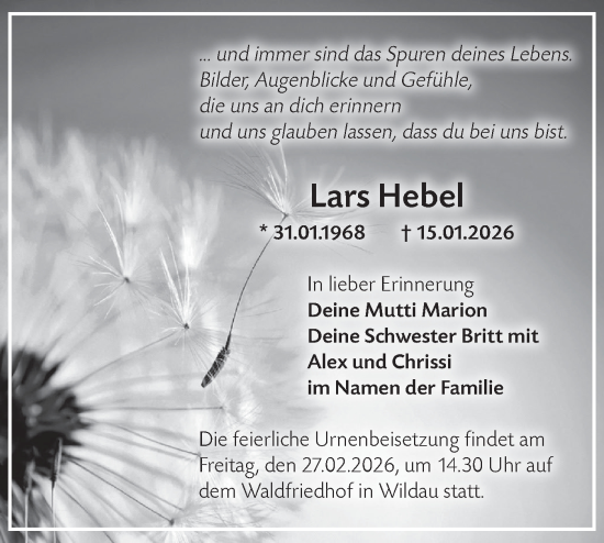 Traueranzeige von Lars Hebel von Blickpunkt Königs Wusterhausen