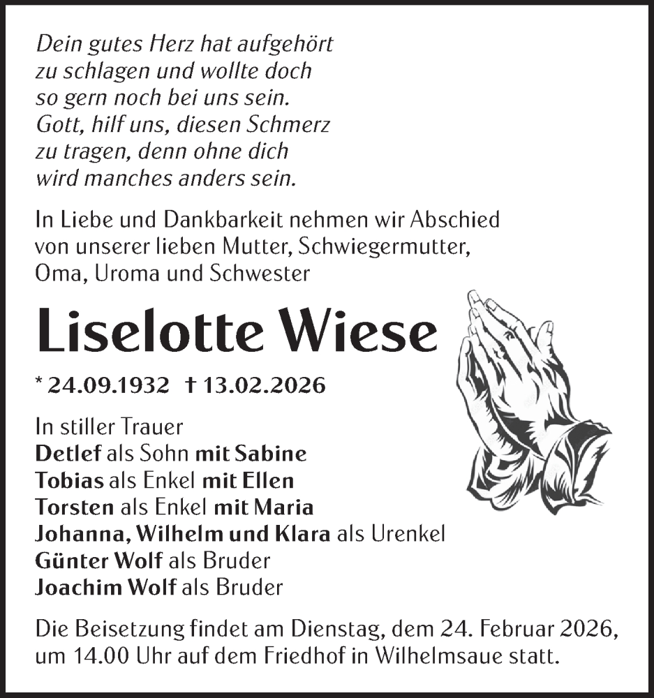  Traueranzeige für Liselotte Wiese vom 19.02.2026 aus MO Oderld.-Echo