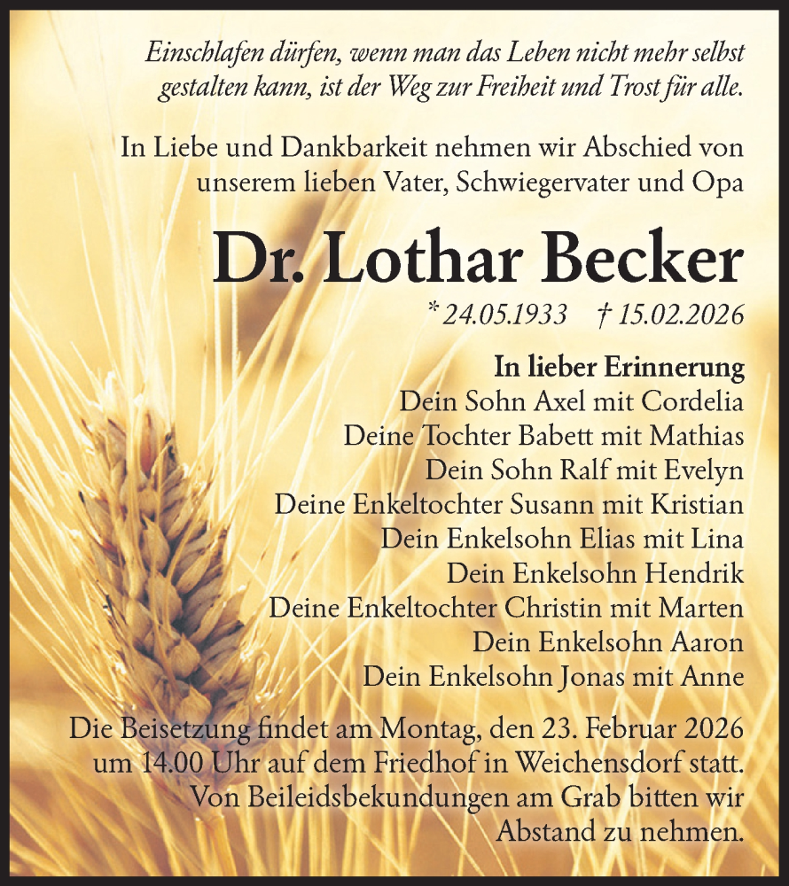  Traueranzeige für Lothar Becker vom 17.02.2026 aus Märkische Oderzeitung