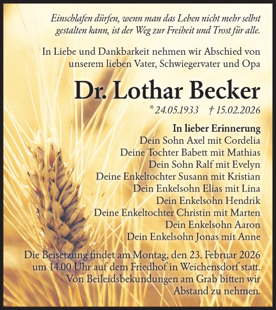 Traueranzeige von Lothar Becker von Märkische Oderzeitung