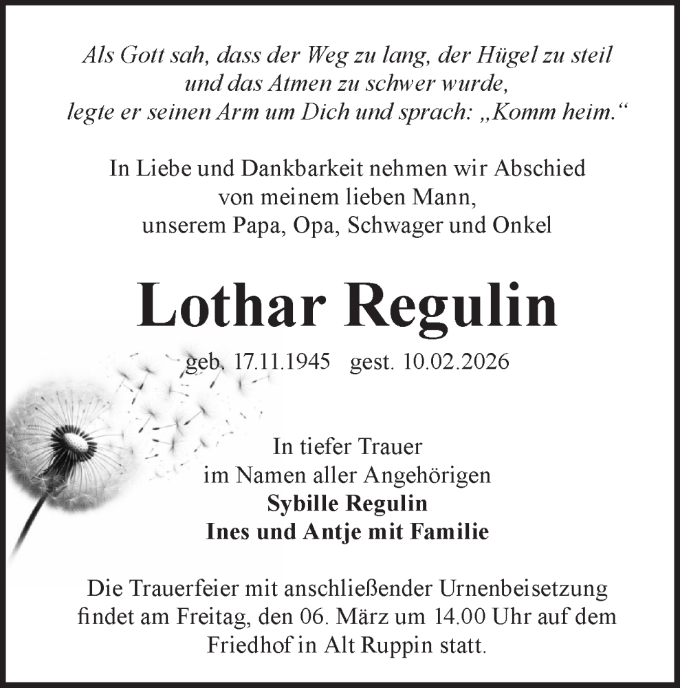  Traueranzeige für Lothar Regulin vom 21.02.2026 aus Märkische Oderzeitung