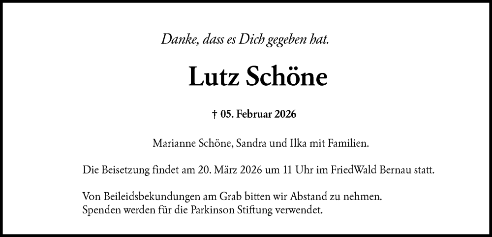  Traueranzeige für Lutz Schöne vom 14.02.2026 aus Märkische Oderzeitung