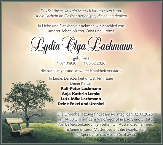 Traueranzeige von Lydia Olga Lachmann von Märkische Oderzeitung