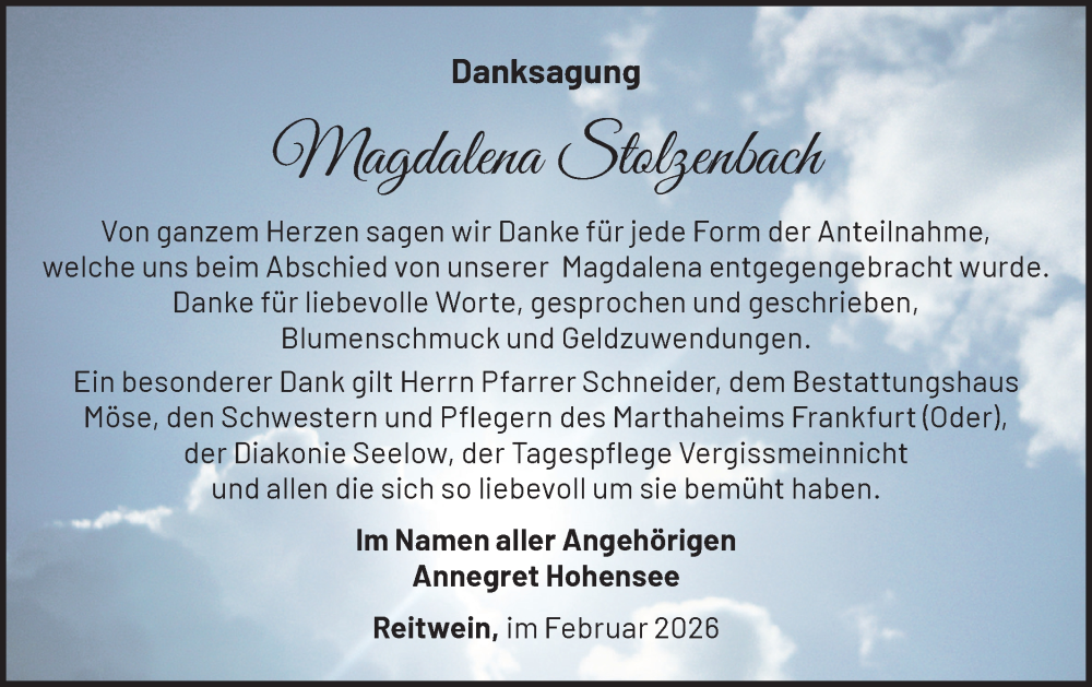  Traueranzeige für Magdalena Stolzenbach vom 14.02.2026 aus MO Oderld.-Echo