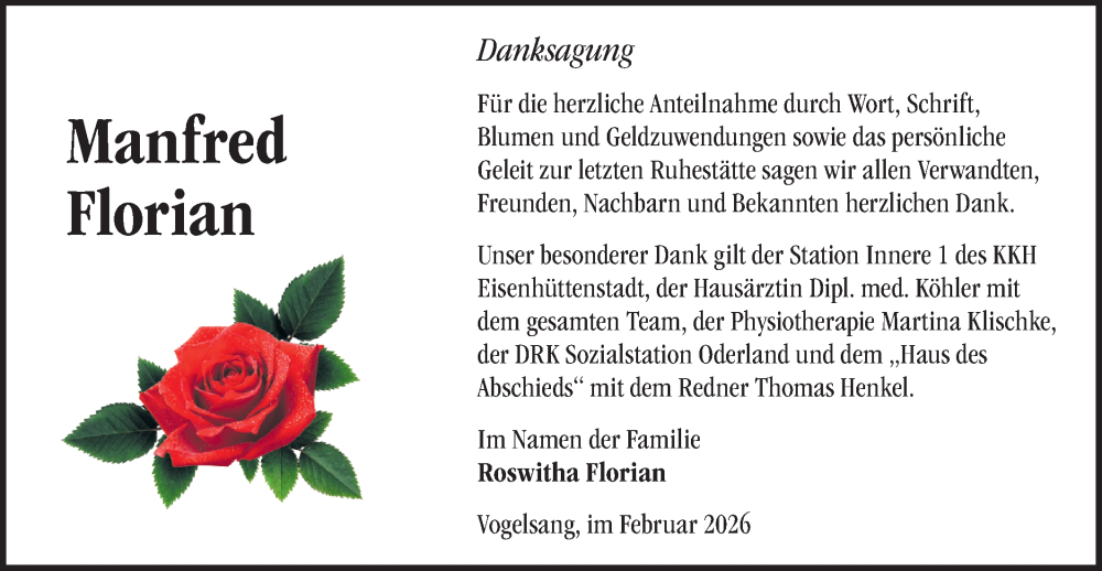  Traueranzeige für Manfred Florian vom 07.02.2026 aus Märkische Oderzeitung