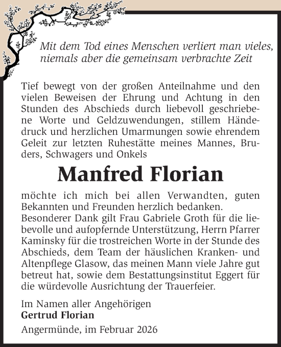 Traueranzeige von Manfred Florian von MO Uckerm.-Anz.