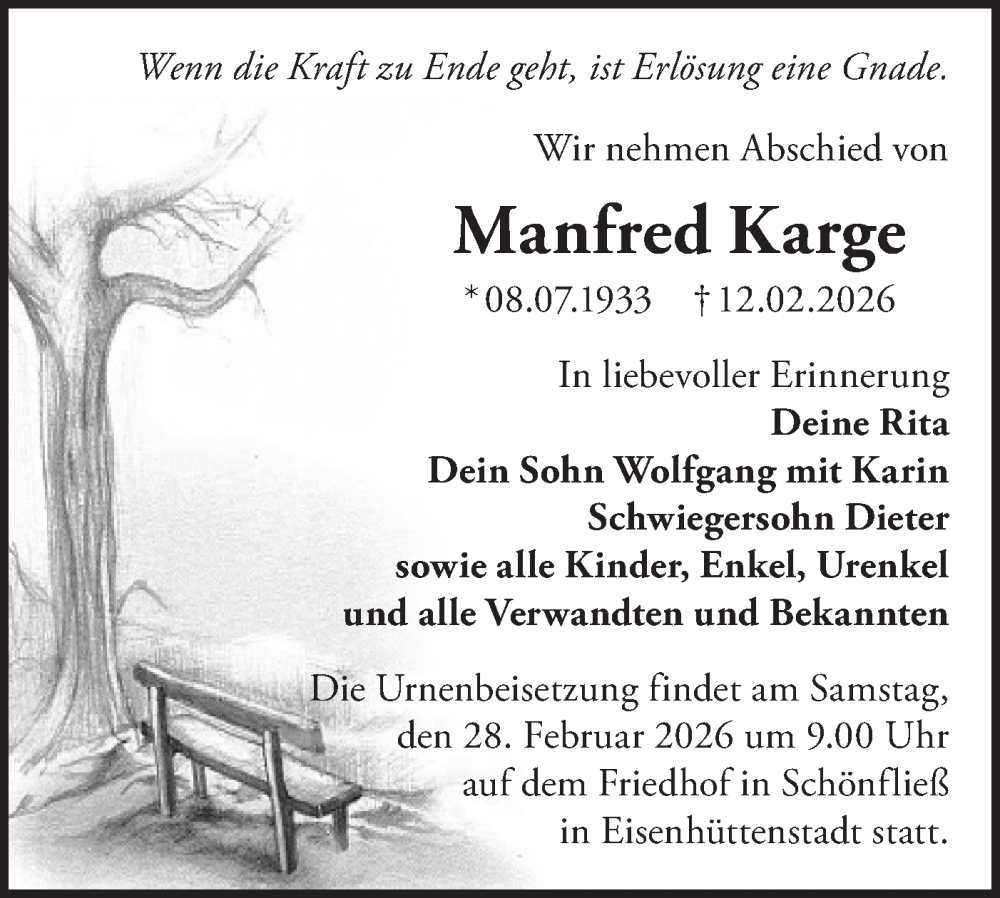  Traueranzeige für Manfred Karge vom 21.02.2026 aus Märkische Oderzeitung