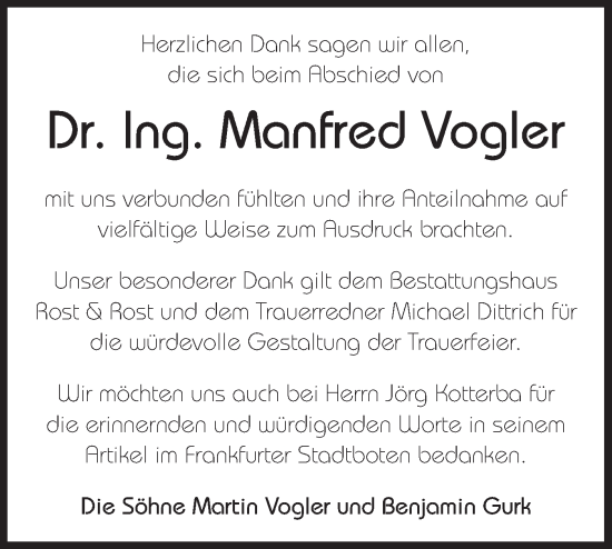 Traueranzeige von Manfred Vogler von Märkische Oderzeitung