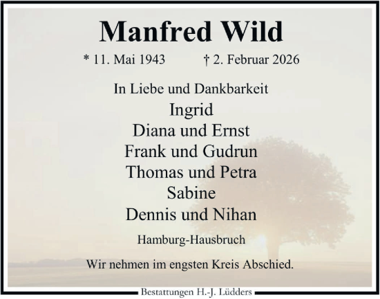 Traueranzeige von Manfred Wild von Märkische Oderzeitung