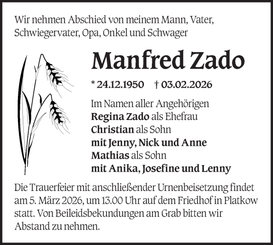Traueranzeige von Manfred Zado von MO Oderld.-Echo