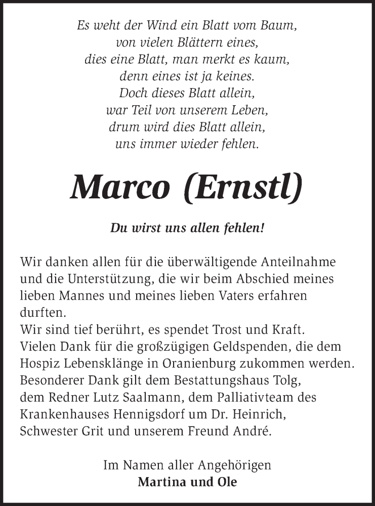  Traueranzeige für Marco Ernstl vom 07.02.2026 aus Märkische Oderzeitung