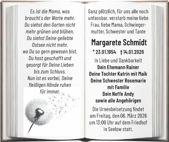 Traueranzeige von Margarete Schmidt von MO Oderld.-Echo