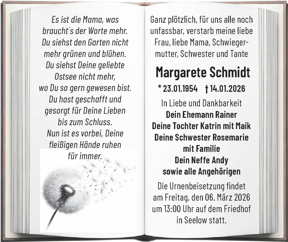  Traueranzeige für Margarete Schmidt vom 07.02.2026 aus MO Oderld.-Echo