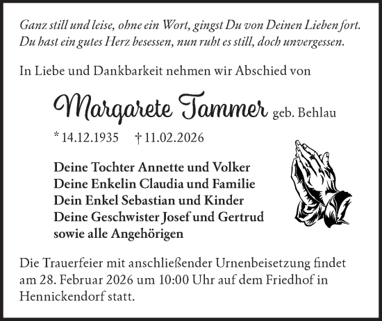 Traueranzeige von Margarete Tammer von Märkische Oderzeitung