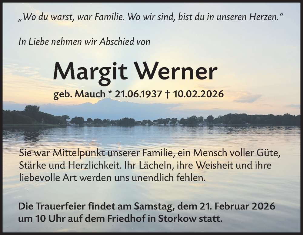  Traueranzeige für Margit Werner vom 20.02.2026 aus Märkische Oderzeitung
