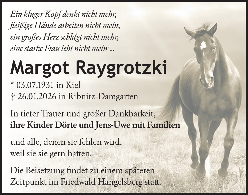  Traueranzeige für Margot Raygrotzki vom 07.02.2026 aus Märkische Oderzeitung