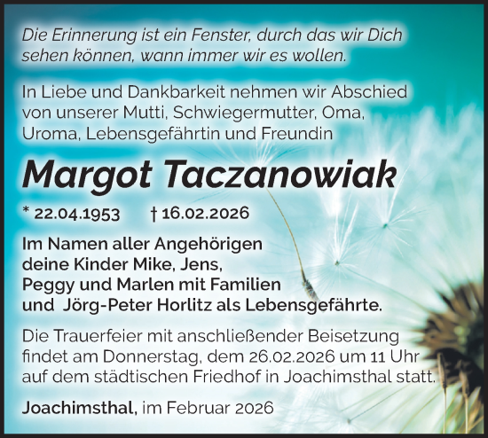 Traueranzeige von Margot Taczanowiak von Märkische Oderzeitung
