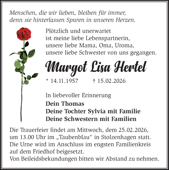 Traueranzeige von Margot Lisa Hertel von Märkische Oderzeitung