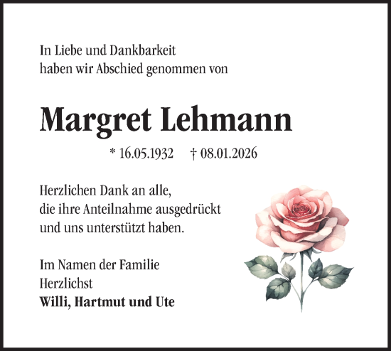 Traueranzeige von Margret Lehmann von Märkische Oderzeitung