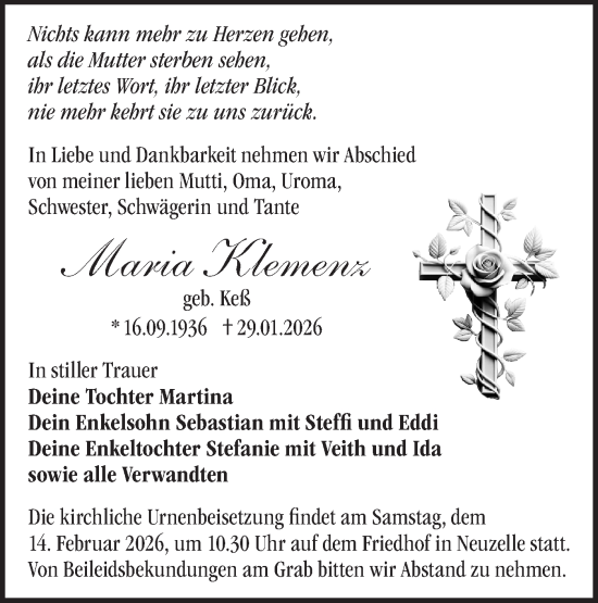 Traueranzeige von Maria Klemenz von Märkische Oderzeitung