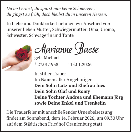 Traueranzeige von Marianne Baese von Märkische Oderzeitung
