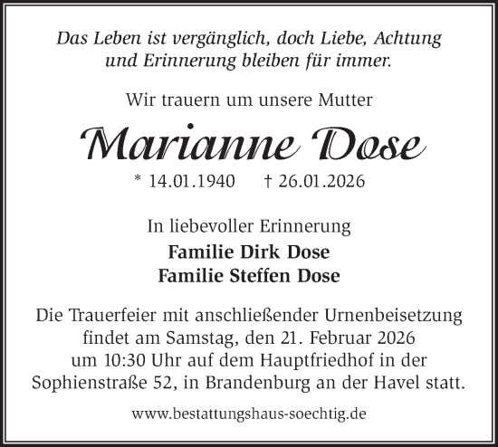 Traueranzeige von Marianne Dose von Märkische Oderzeitung