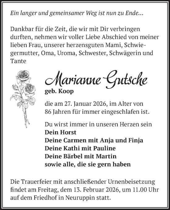 Traueranzeige von Marianne Gutsche von Märkische Oderzeitung