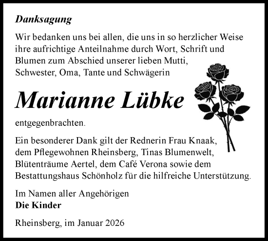 Traueranzeige von Marianne Lübke von Märkische Oderzeitung