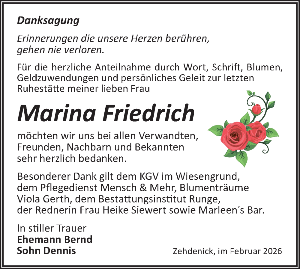  Traueranzeige für Marina Friedrich vom 14.02.2026 aus Märkische Oderzeitung