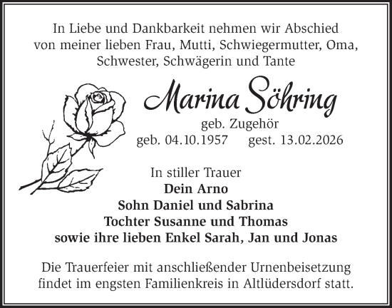 Traueranzeige von Marina Söhring von Märkische Oderzeitung