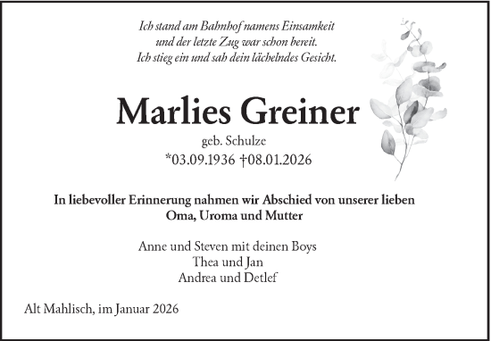 Traueranzeige von Marlies Greiner von MO Oderld.-Echo