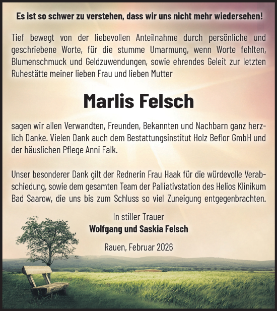 Traueranzeige von Marlis Felsch von Märkische Oderzeitung