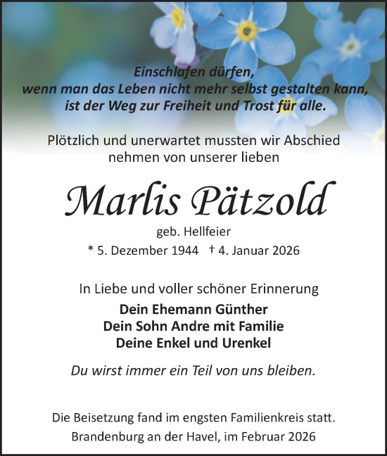 Traueranzeige von Marlis Pätzold von Märkische Oderzeitung