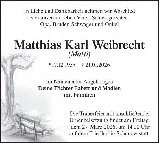 Traueranzeige von Matthias Karl Weibrecht von Blickpunkt Ludwigsfelde/Zossen