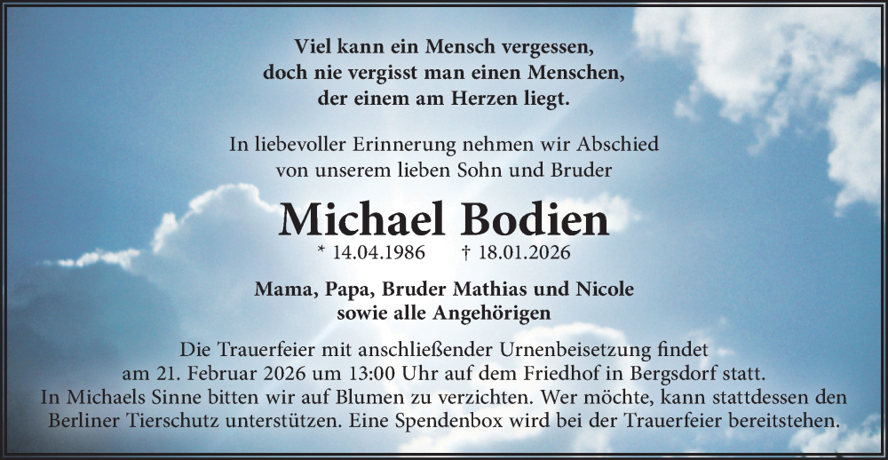  Traueranzeige für Michael Bodien vom 14.02.2026 aus Märkische Oderzeitung