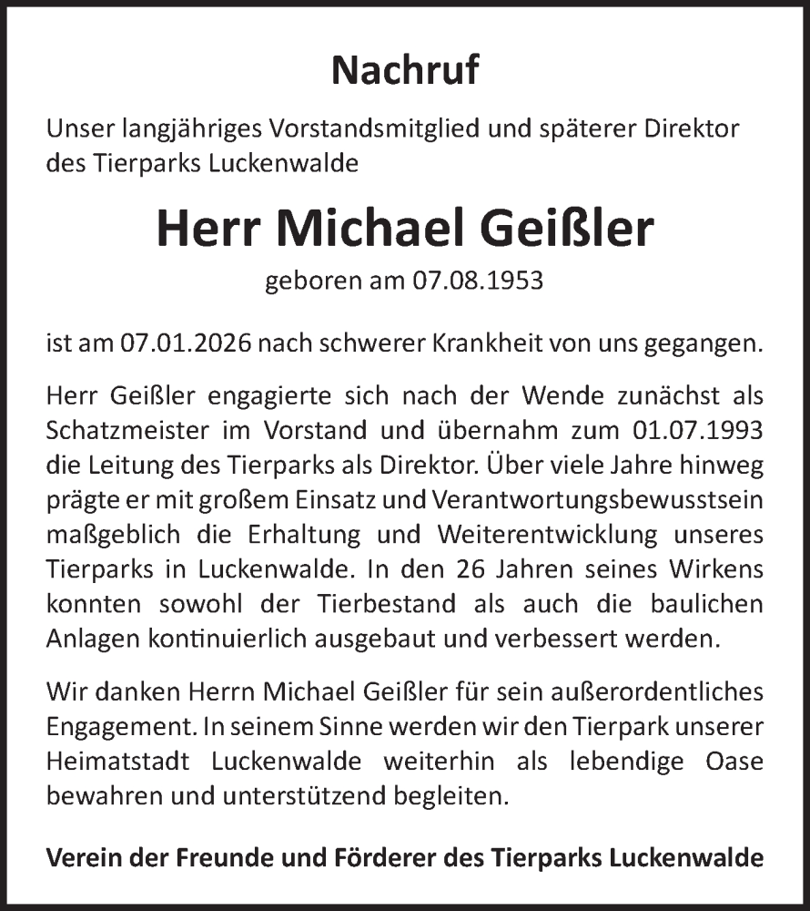  Traueranzeige für Michael Geißler vom 07.02.2026 aus Blickpunkt Jüterbog/Luckenwalde