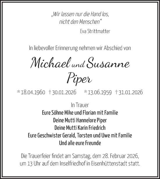 Traueranzeige von Michael und Susanne Piper von Märkische Oderzeitung