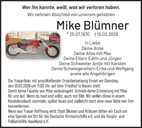 Traueranzeige von Mike Blümner von Märkische Oderzeitung