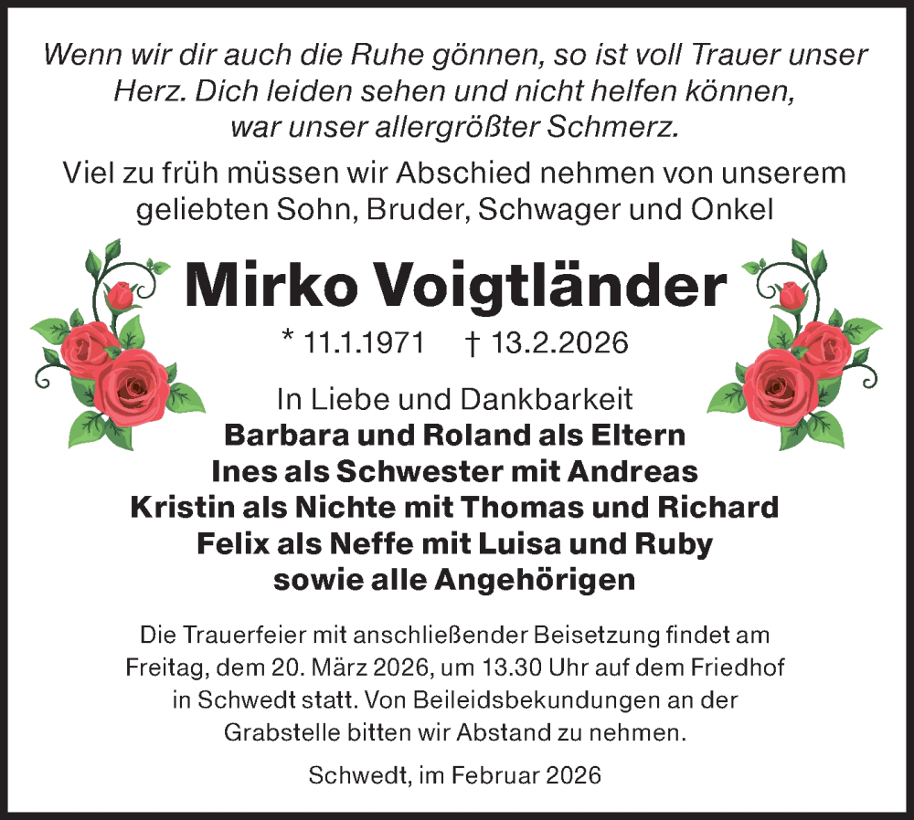  Traueranzeige für Mirko Voigtländer vom 21.02.2026 aus MO Uckerm.-Anz.