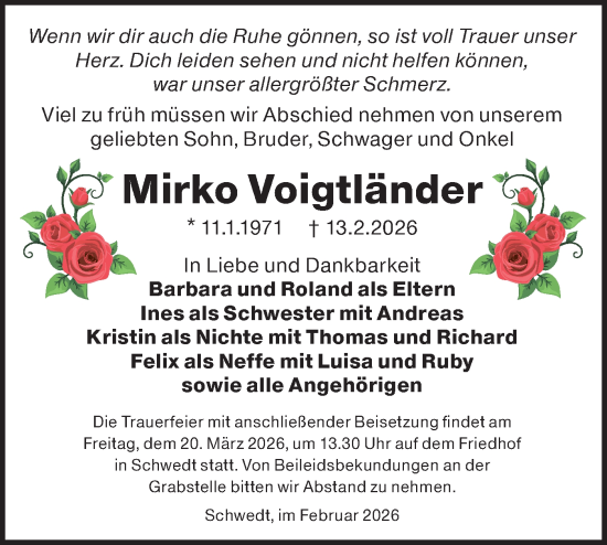 Traueranzeige von Mirko Voigtländer von MO Uckerm.-Anz.