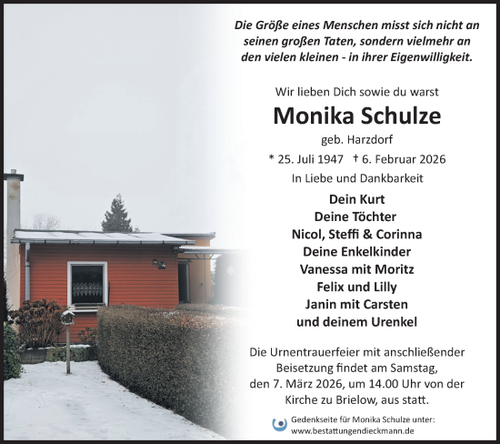 Traueranzeige von Monika Schulze von Märkische Oderzeitung