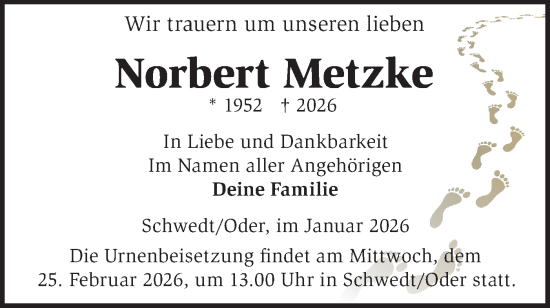 Traueranzeige von Norbert Metzke von MO Uckerm.-Anz.