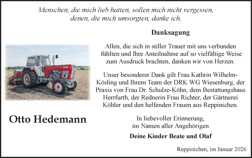 Traueranzeige für Otto Hedemann vom 14.02.2026 aus Märkische Oderzeitung
