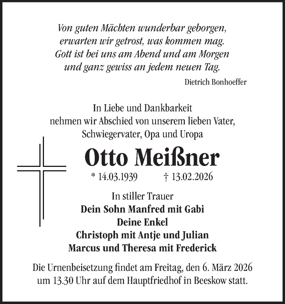  Traueranzeige für Otto Meißner vom 21.02.2026 aus Märkische Oderzeitung