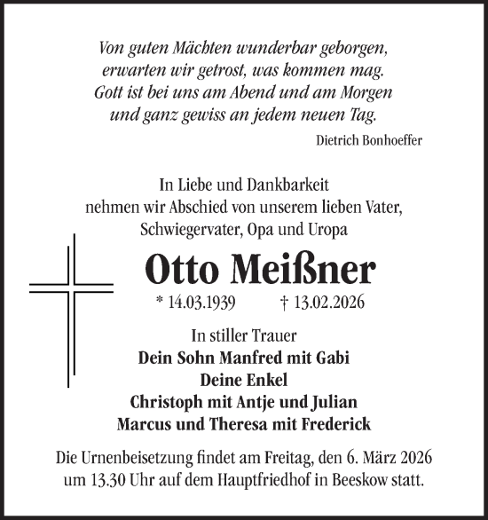 Traueranzeige von Otto Meißner von Märkische Oderzeitung