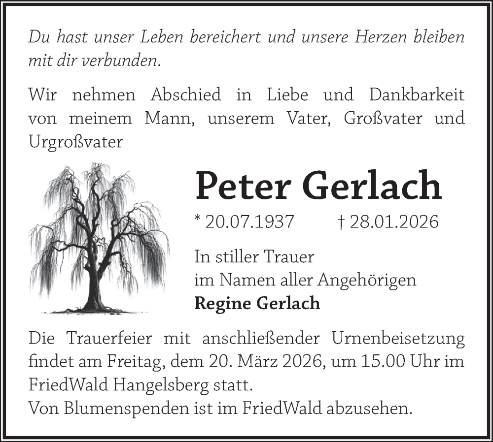  Traueranzeige für Peter Gerlach vom 07.02.2026 aus Märkische Oderzeitung