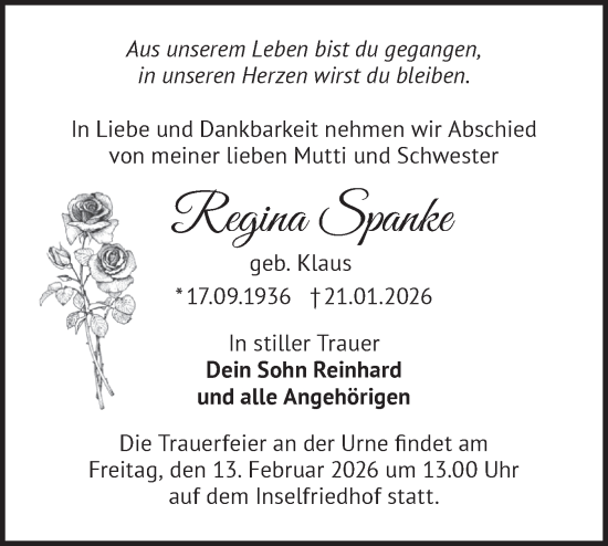 Traueranzeige von Regina Spanke von Märkische Oderzeitung