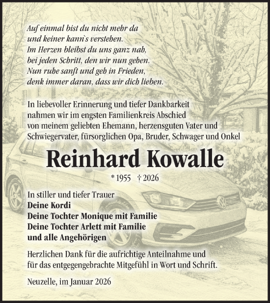 Traueranzeige von Reinhard Kowalle von Märkische Oderzeitung