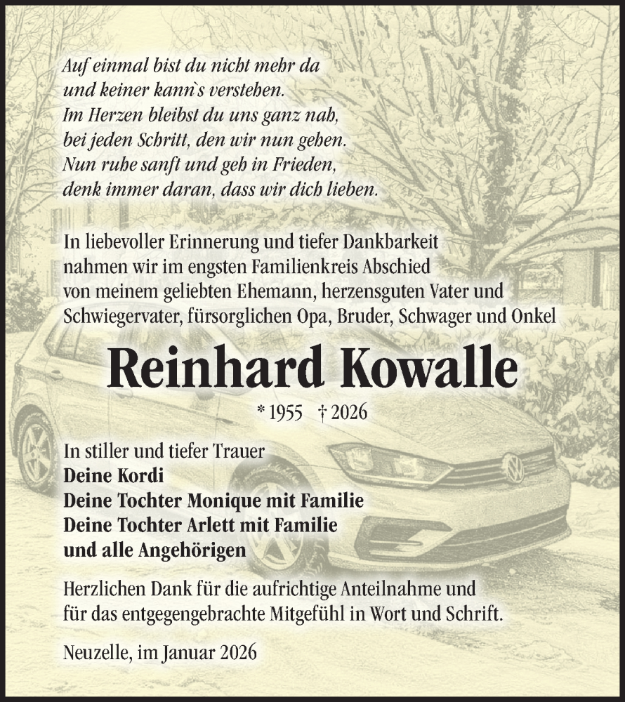  Traueranzeige für Reinhard Kowalle vom 07.02.2026 aus Märkische Oderzeitung